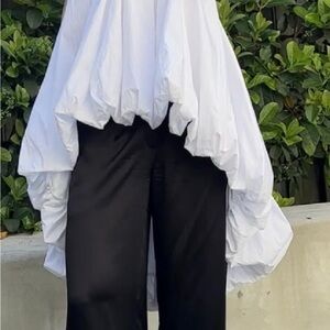White Ruffled Blouse and Black Pants